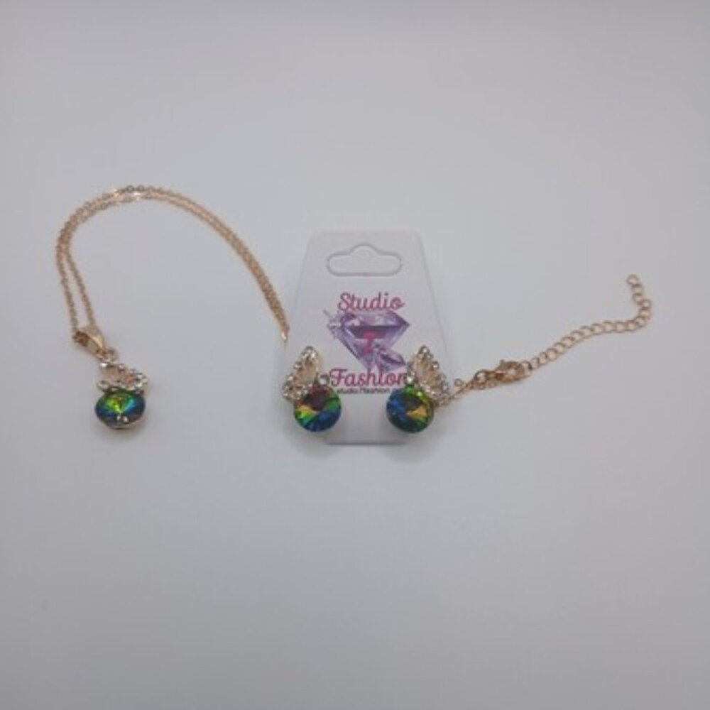 Rainbow Rhinestone Butterfly Necklace Earring Set
